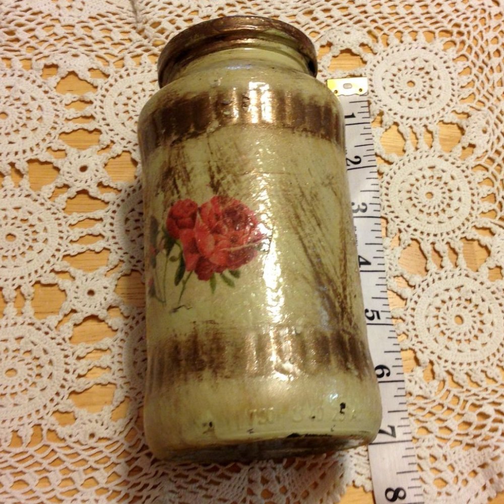 Decopaged Jar, Decor Item, Floral And Gold